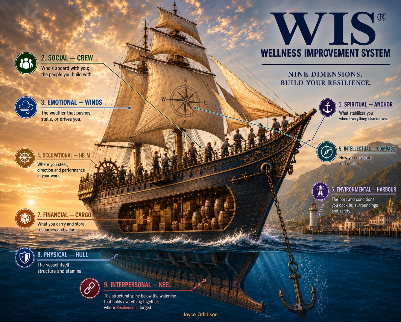 The WIS Wellness Improvement System shown as a ship representing nine dimensions of resilience